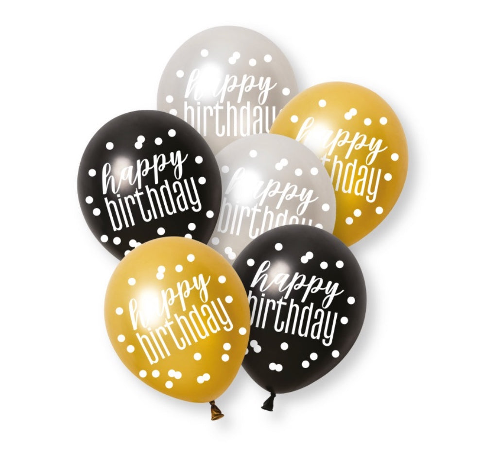 Luftballons-Happy-Birthday-Konfetti-Schwarz-Gelb-Weiss-Metallic-6er-Pack-30-5cm