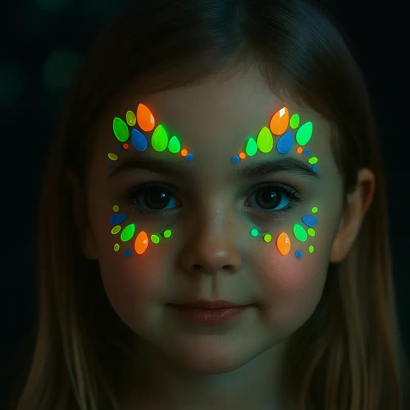 Kind mit neon Steinen im Gesicht 