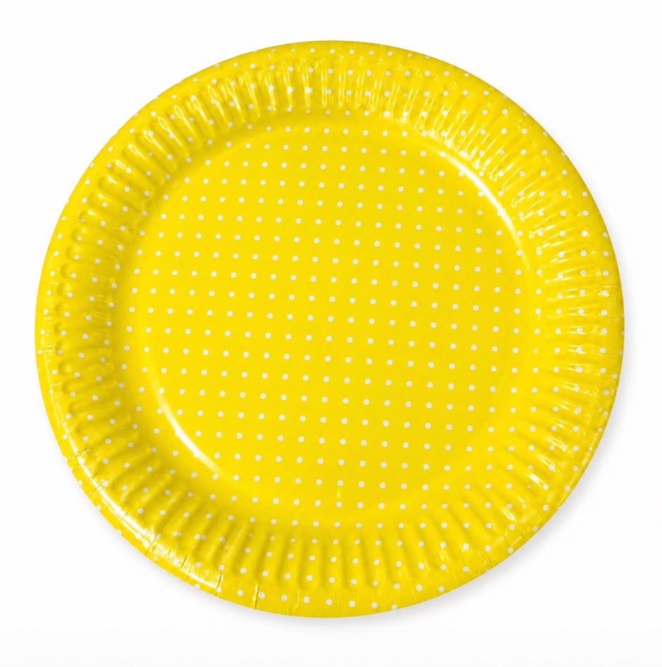 Pappteller-Neon-Gelb-unifarben-gepunktet-8-Stück-Ø-18-cm