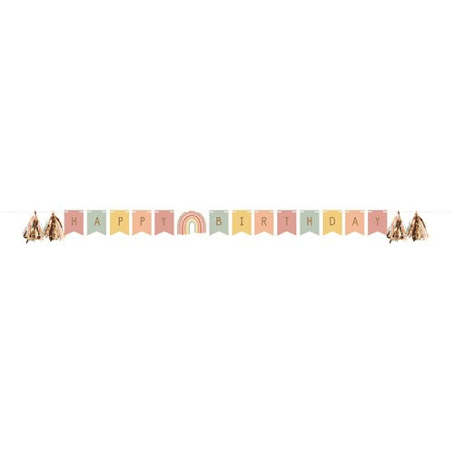 Buchstabenkette Happy Birthday, Regenbogen Boho Party, Pastell, inkl. 4 Tassel, 2.4m kinderparties-shop