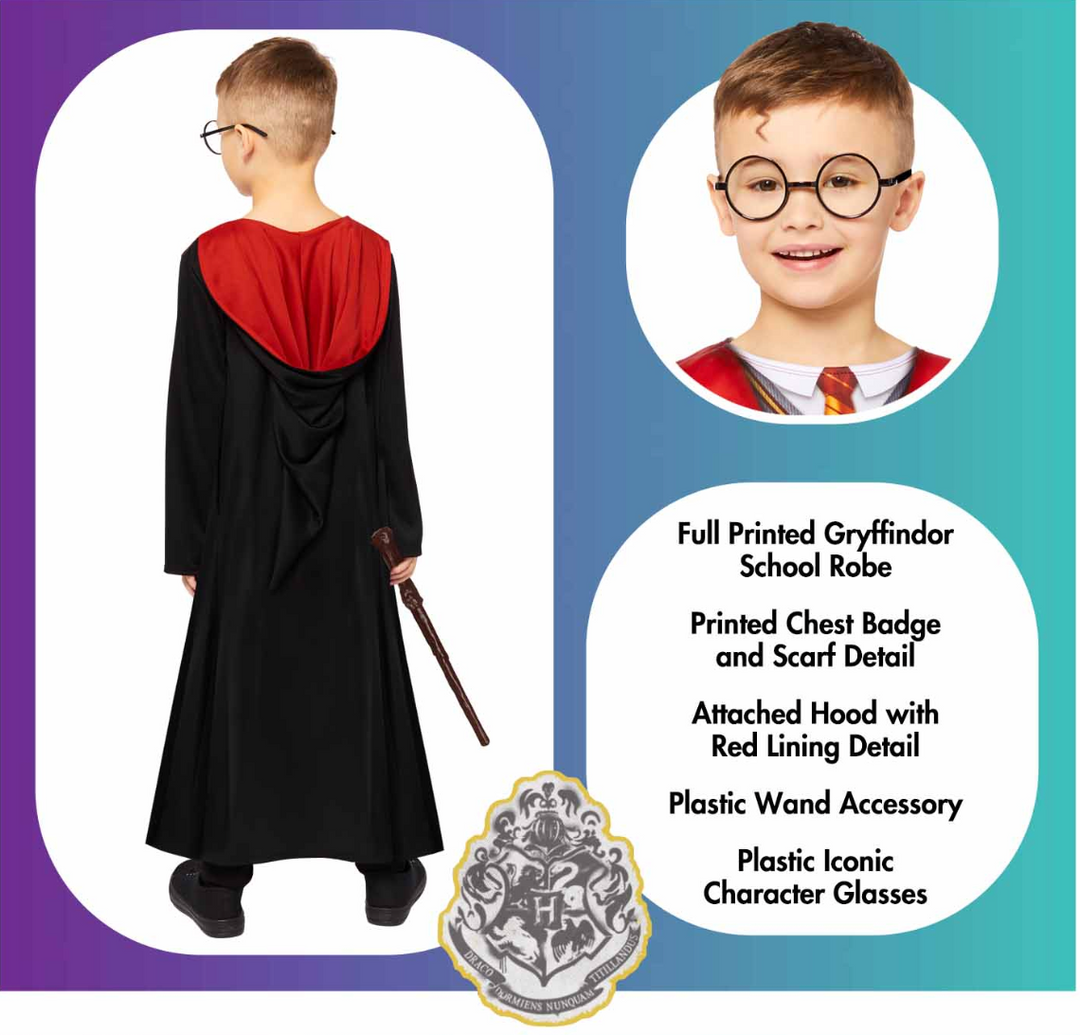 Harry Potter Kostüm Deluxe für Kinder, mit Robe, Zauberstab und Brille, versch. Grössen