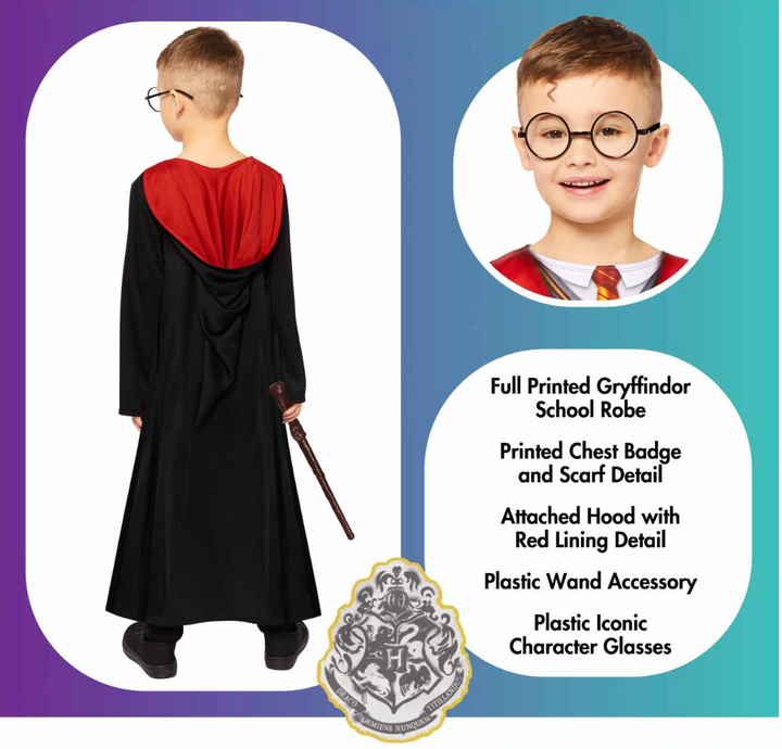 Harry Potter Kostüm Deluxe für Kinder, mit Robe, Zauberstab und Brille, versch. Grössen