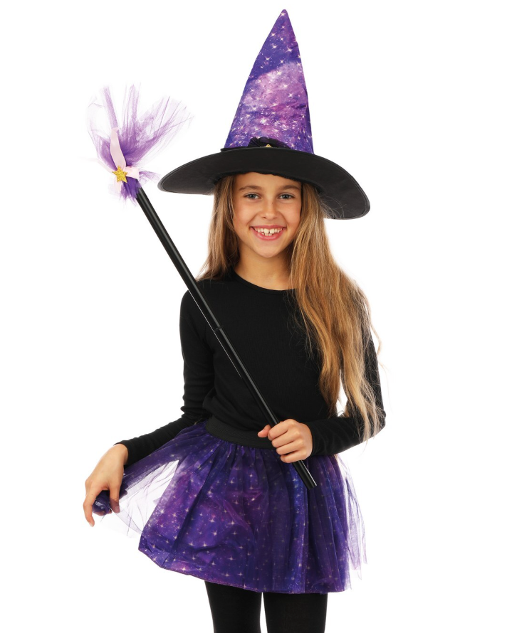 Halloween-Kostüm-Hexen-Motiv-Einheitsgrösse-Tutu-Hut-und-Stab