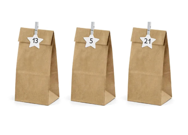 Adventskalender DIY Set, Kraftpapier Tüten zum Befüllen, mit Holzklammern und Sternen, 72-teilig