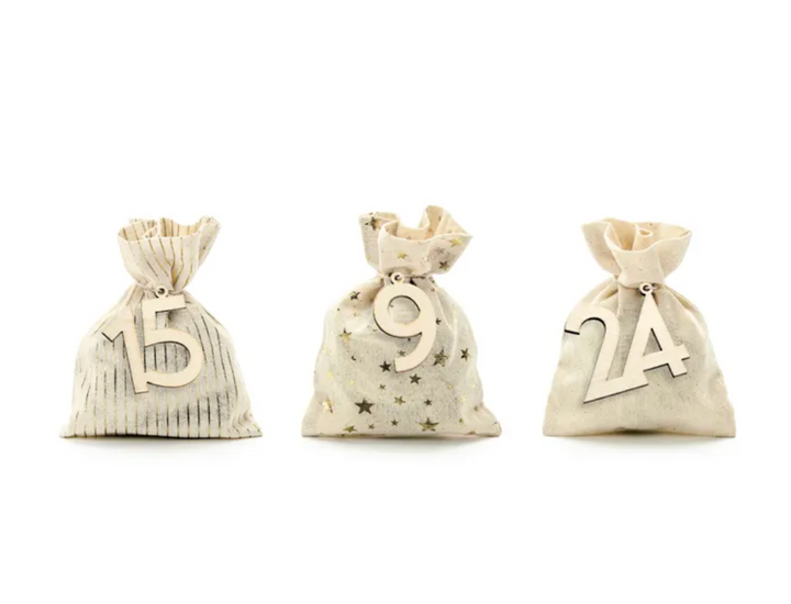 Adventskalender DIY Set, kleine Baumwoll-Säckchen zum Befüllen, mit 24 Holzzahlen, 72-teilig