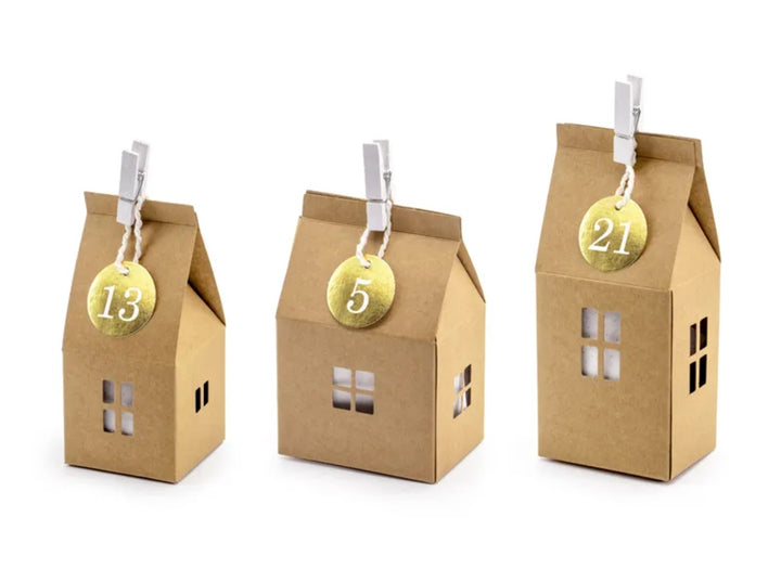 Adventskalender DIY Set, Häuschen zum Befüllen mit Holzklammer und Anhängern , 72-teilig