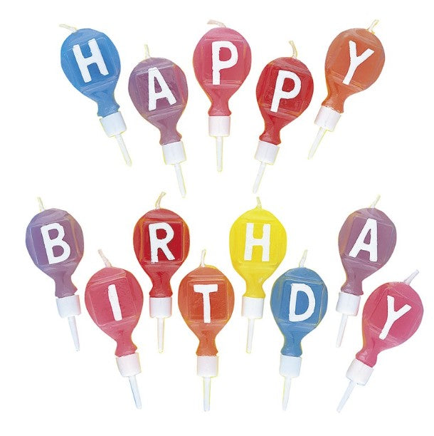 Luftballonförmige Kerzen Happy Birthday, bunt, 13er Pack