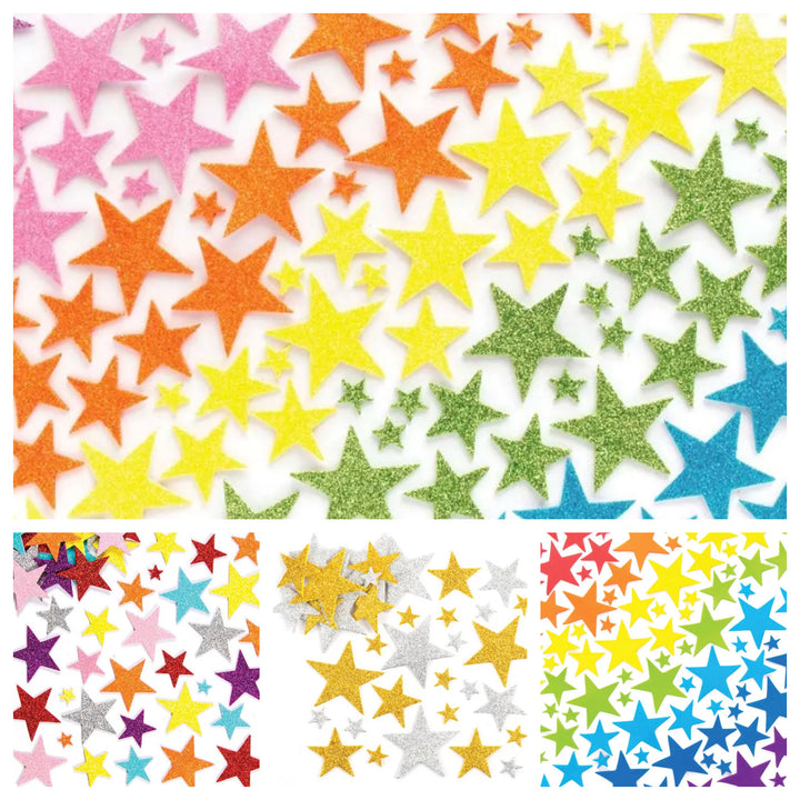 Stella adesiva glitterata in schiuma, vari tipi di varianti, autoadesivi, 1,5 - 5 cm