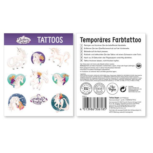 Einhorn Sternenschweif Tattoos, Give-away & Partyspass, 9 Tattoos, 1 Bogen kinderparties-shop