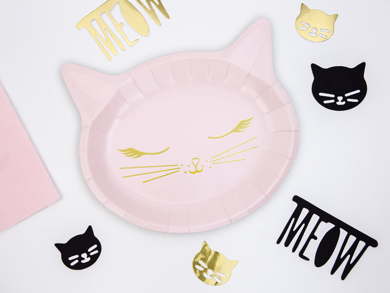 Pappteller-Katze-in-Katzenform-Rosa-mit-Gold-6-Stück-22-x-20-cm