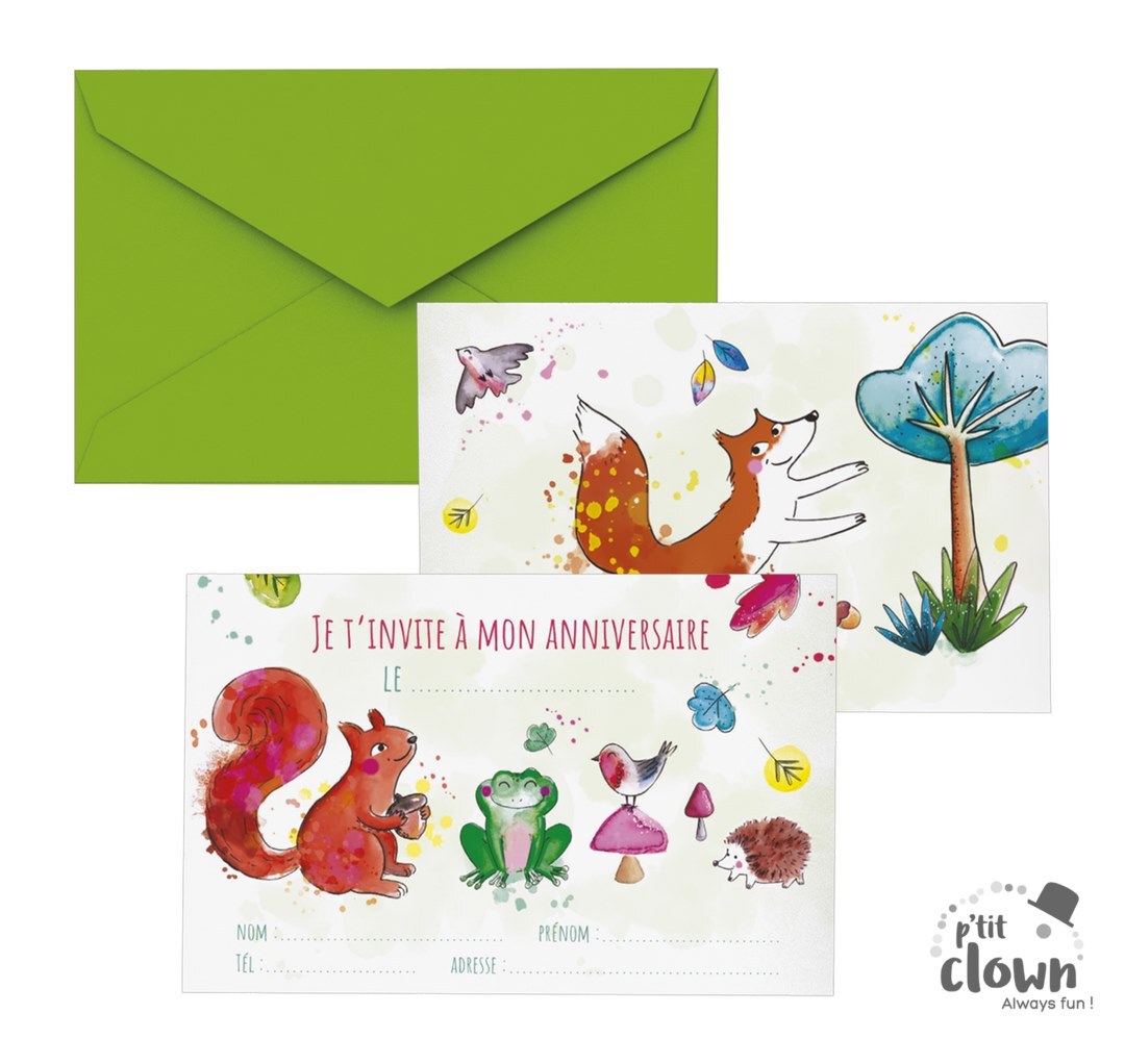 Waldtiere Einladung Französisch , 8er Pack inkl. Couverts kinderparties-shop