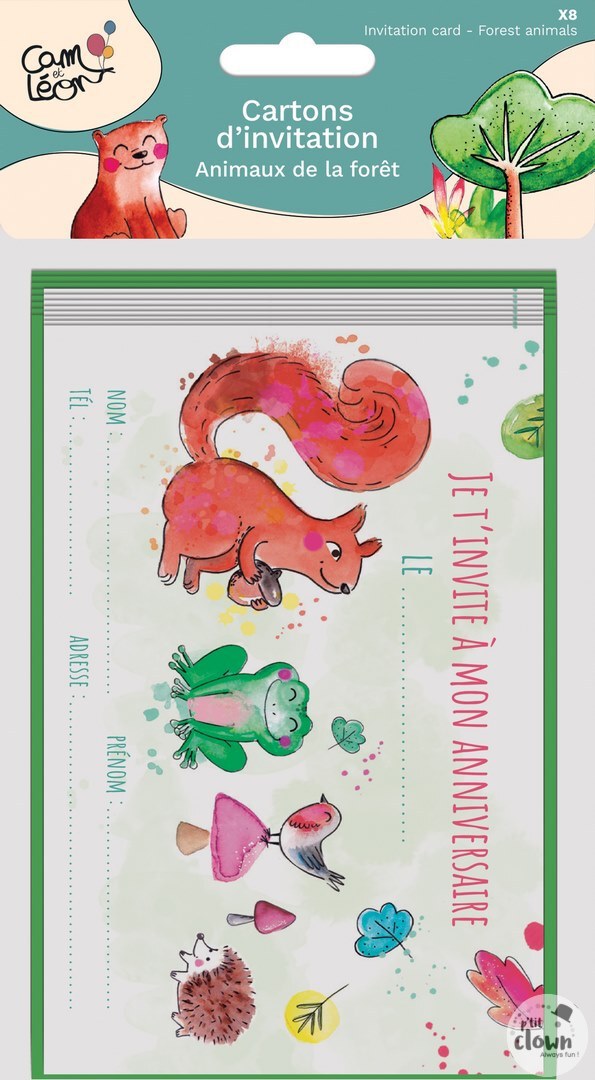 Waldtiere Einladung Französisch , 8er Pack inkl. Couverts kinderparties-shop
