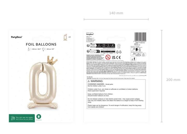 Folienballone Zahl Creme mit Krone stehend, Nummern 1-9 und 0, 84 cm