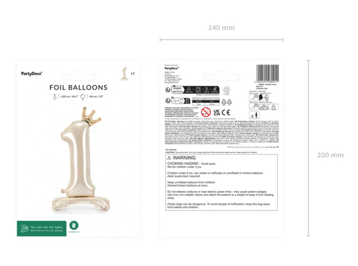 Folienballone Zahl Creme mit Krone stehend, Nummern 1-9 und 0, 84 cm