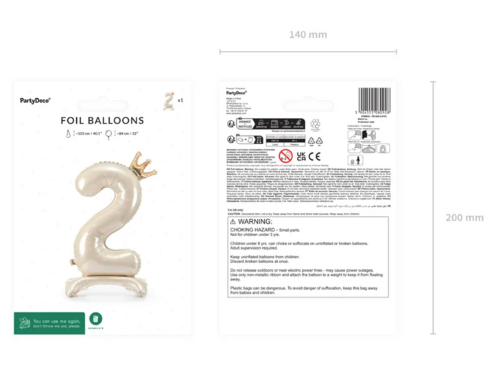Folienballone Zahl Creme mit Krone stehend, Nummern 1-9 und 0, 84 cm