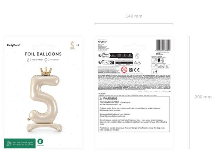 Folienballone Zahl Creme mit Krone stehend, Nummern 1-9 und 0, 84 cm