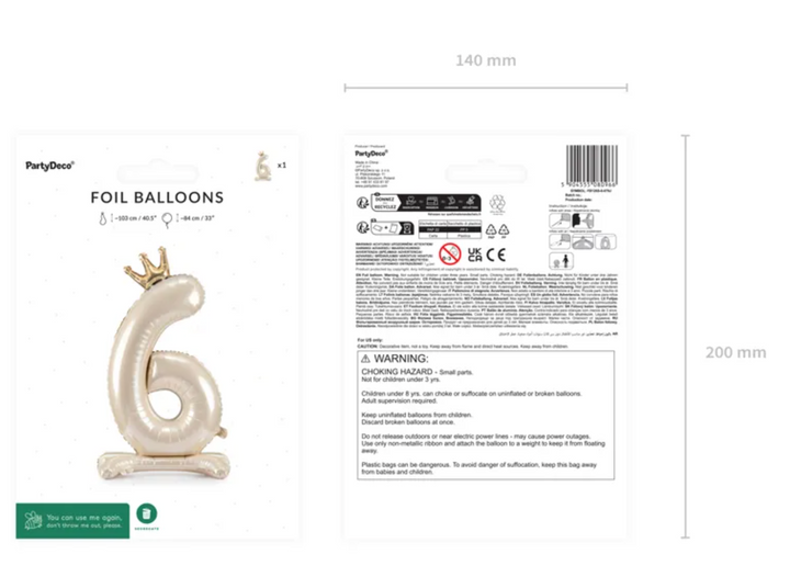 Folienballone Zahl Creme mit Krone stehend, Nummern 1-9 und 0, 84 cm