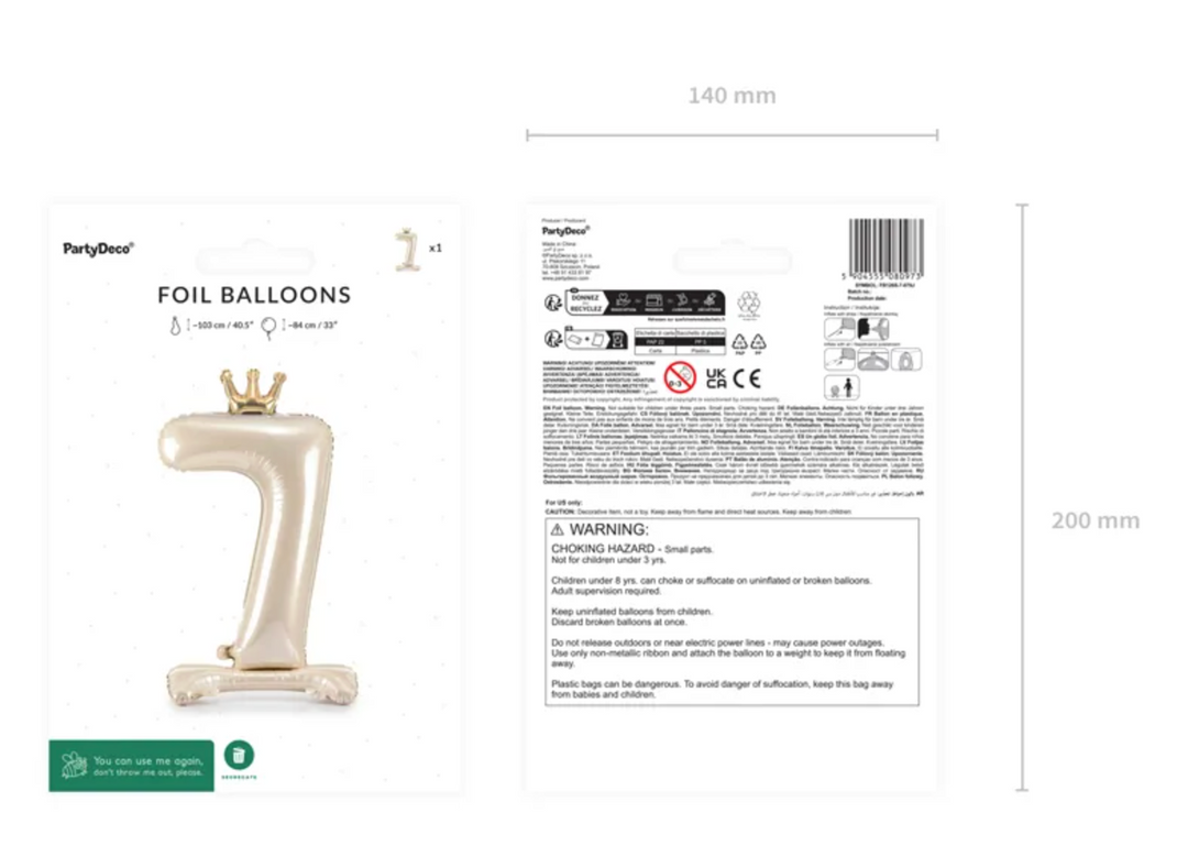 Folienballone Zahl Creme mit Krone stehend, Nummern 1-9 und 0, 84 cm