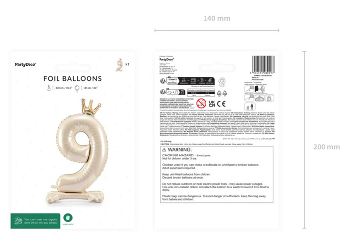 Folienballone Zahl Creme mit Krone stehend, Nummern 1-9 und 0, 84 cm