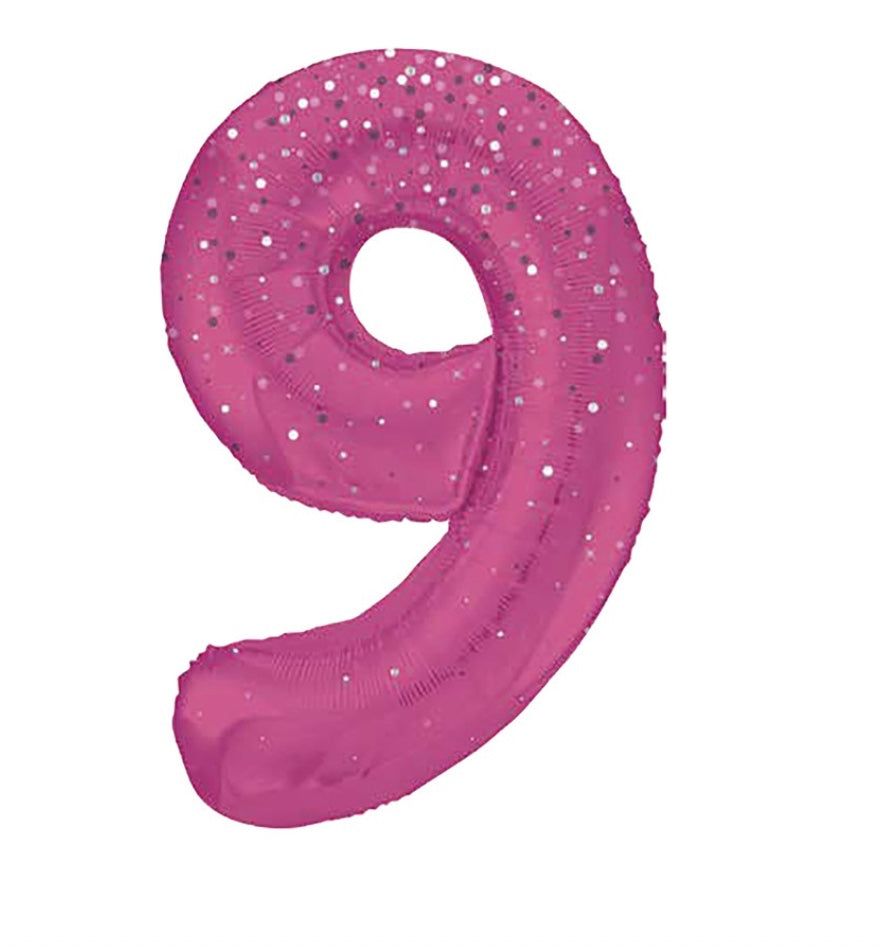 Zahlen Folienballone Pink mit Glitzer, Nummer 1-9 und 0, 86 cm