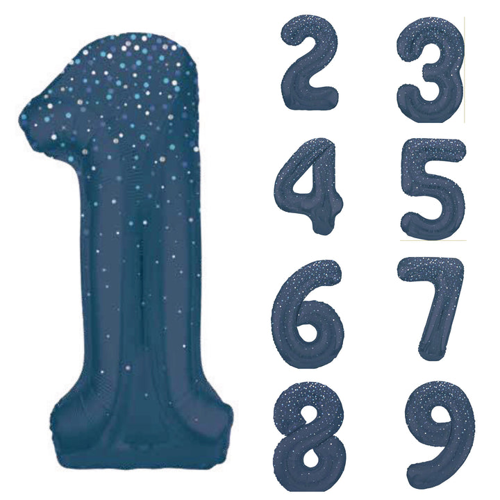 Zahlen Folienballone Blau mit Glitzer, Nummern 1-9 und 0, 86cm