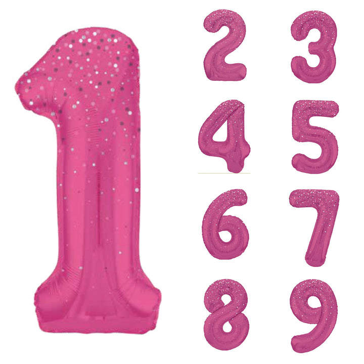 Zahlen Folienballone Pink mit Glitzer, Nummer 1-9 und 0, 86 cm