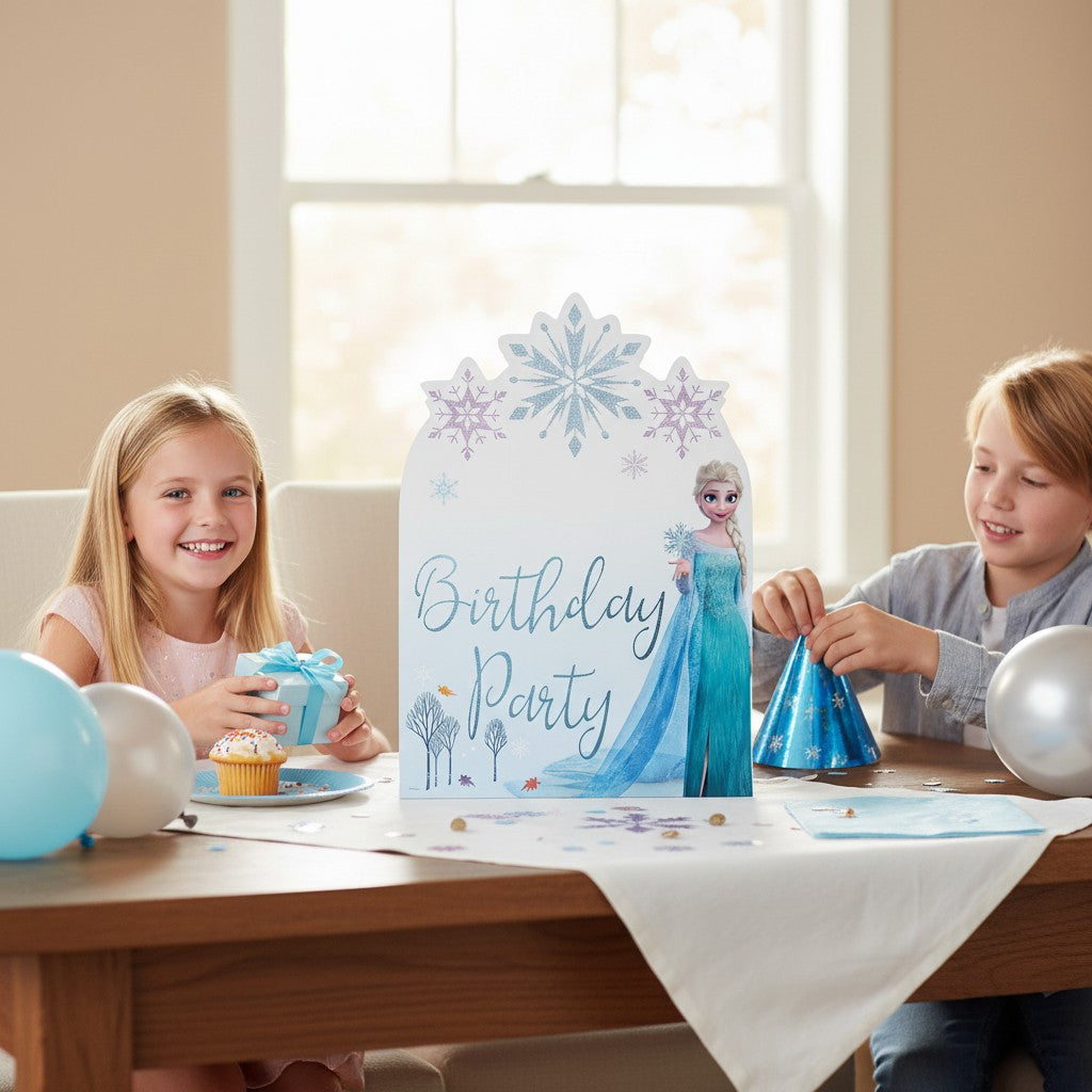 Frozen birthday party table standee featuring Elsa in her iconic blue dress, with snowflakes and trees. Includes 'Birthday Party' text.