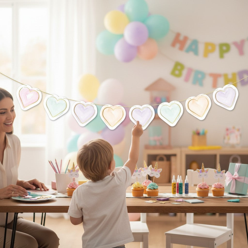 kinderparties.ch Wimpelkette mit pastellfarbenen Herzen, 2 m, ideal für Kindergeburtstage und Dekorationen.