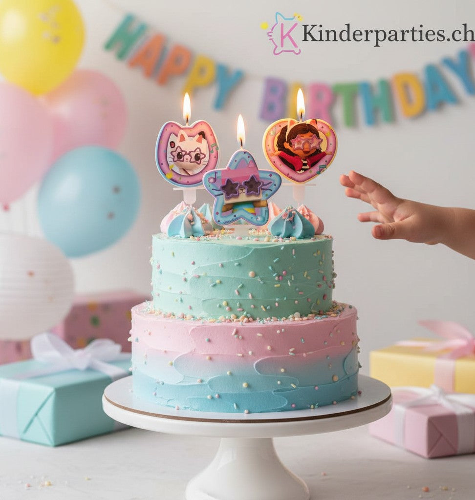 kinderparties.ch Gabby's Dollhouse Motivkerzen im 4er-Set: 4 bunte Geburtstagskerzen mit Gabby und ihren Katzenfreunden, ideal für Kindergeburtstage.