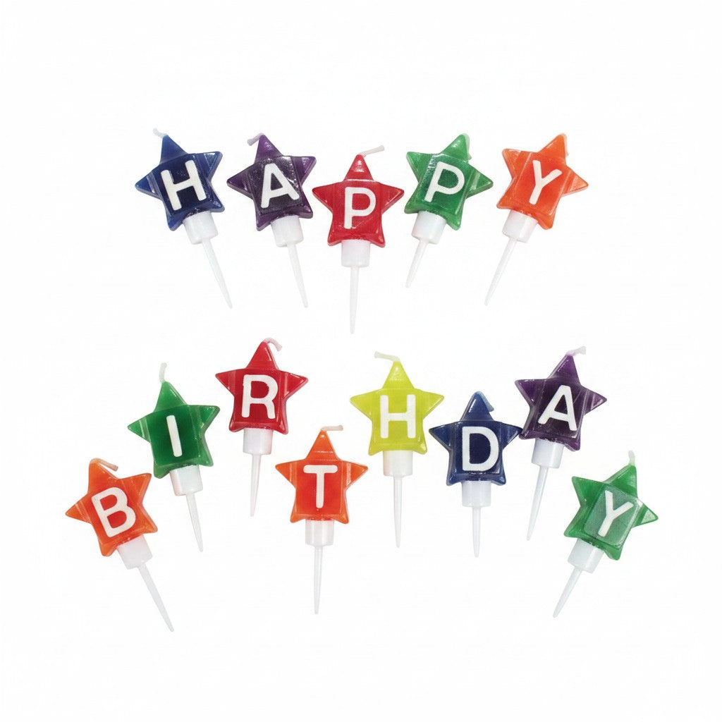 kinderparties.ch 13 bunte Sternenkerzen mit "Happy Birthday" Schriftzug für Torten und Kuchen
