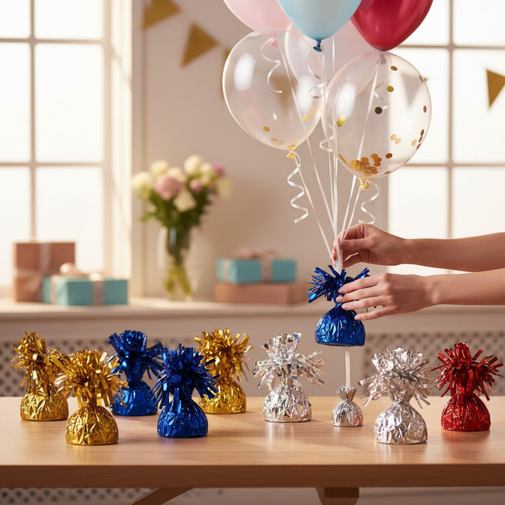 Silver foil balloon weight with streamers, 170g, perfect for parties and celebrations.