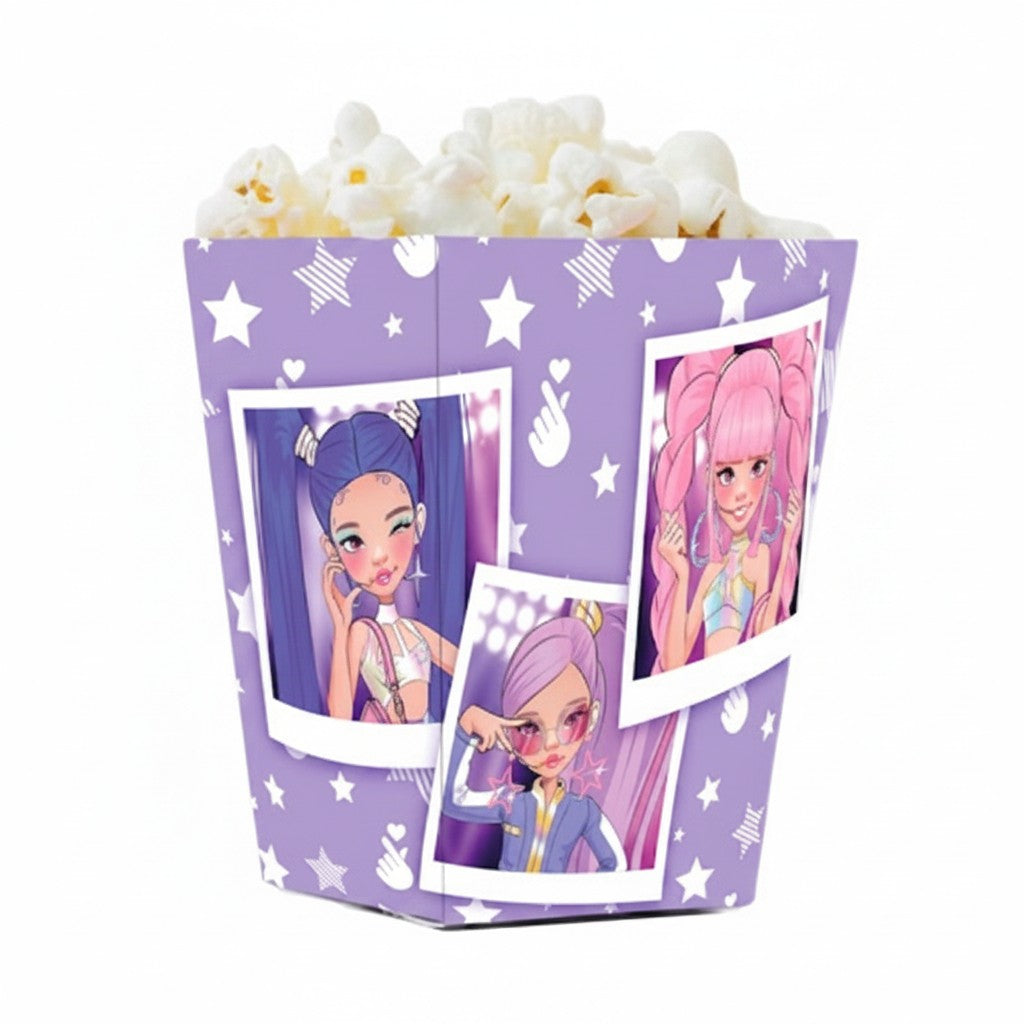 kinderparties.ch K-Pop Idol Popcorn Box mit Sternen und 3 K-Pop-Idol-Bildern, lila, 12er Pack