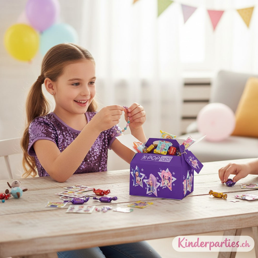 kinderparties.ch K-Pop Idol Mitgebselbox aus Pappe, lila, mit Sternen und K-Pop-Idol-Figuren, 16x16x10,5 cm