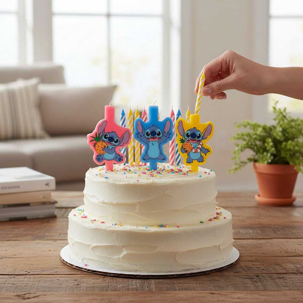 kinderparties.ch 9-piece set of Stitch birthday candles, featuring 3 character candles and 6 striped spiral candles in pink, blue, and yellow.