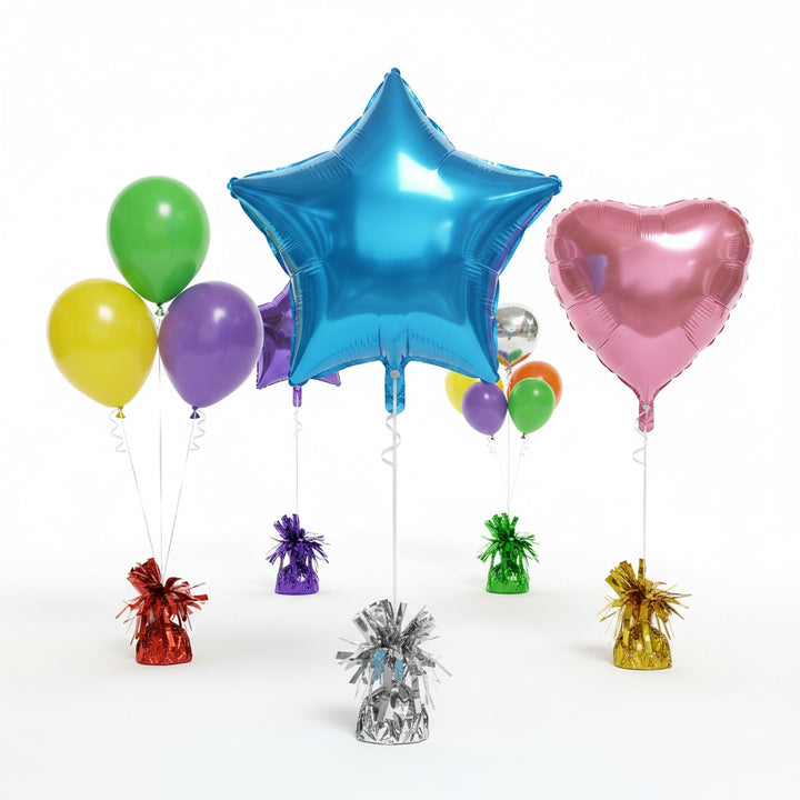Silver foil balloon weight with streamers, 170g, for party decorations