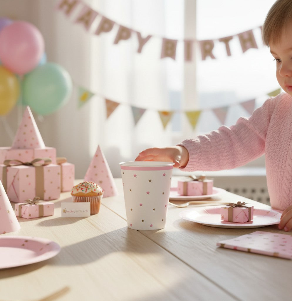 kinderparties.ch Party Becher weiß-pink mit Sternen, 250ml, 6er Pack