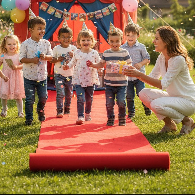 Roter Teppich von kinderparties.ch, 450 x 60 cm, ideal für Hollywood-Mottopartys und Raumdekoration.