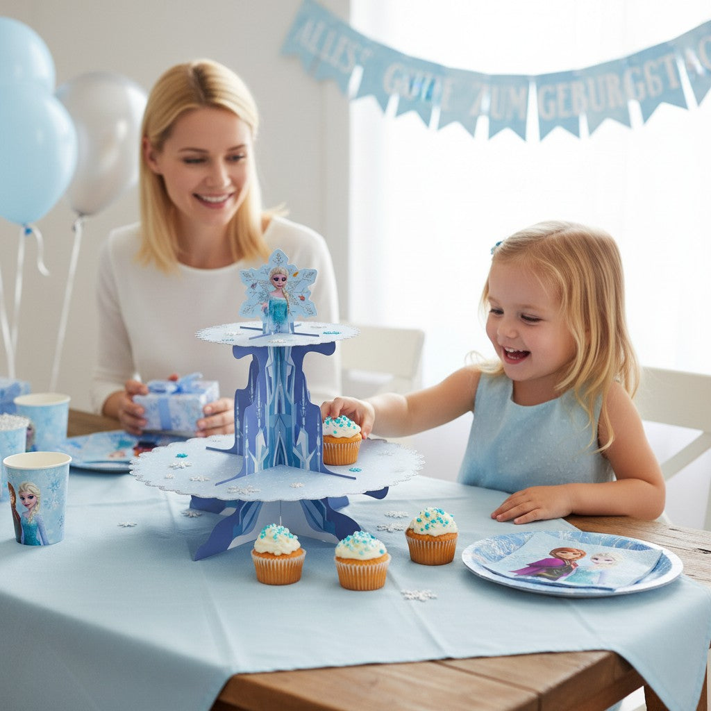 kinderparties.ch Frozen Idyllic Wonder 3-tier cardboard cupcake stand with Elsa figure, white and blue, snowflake design.