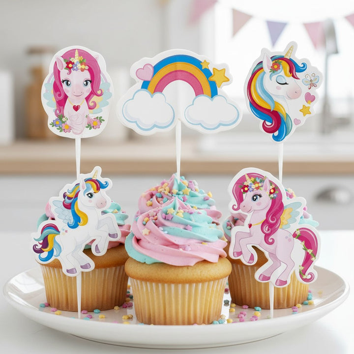 kinderparties.ch Muffin Picker: 30 Stück mit Einhorn, Regenbogen und Sternen. Bunte Papp-Aufsätze auf Kunststoff-Stielen für Kuchen und Muffins.