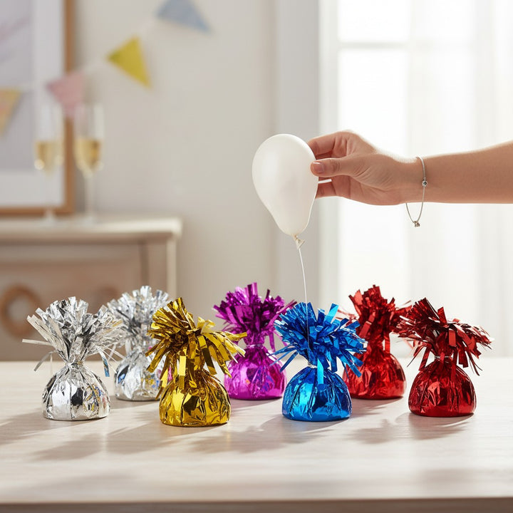 kinderparties.ch gold foil balloon weight with streamers, 170g, for party decorations