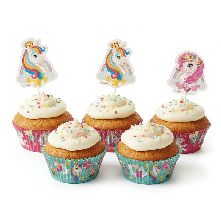 kinderparties.ch 48-teiliges Set mit 24 Muffinförmchen und 24 Einhorn-Pickern in Pink und Türkis