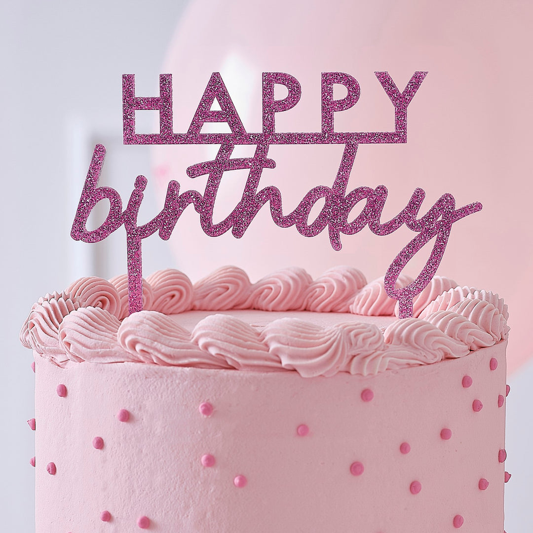 Kuchentopper Happy Birthday, Glitzer-Acryl pink, Kuchen Deko kinderparties-shop