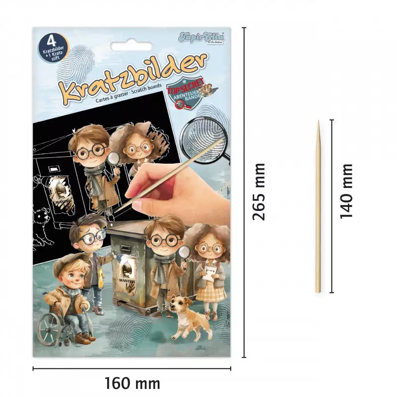 Images à gratter de détective, 4 images avec 1 crayon