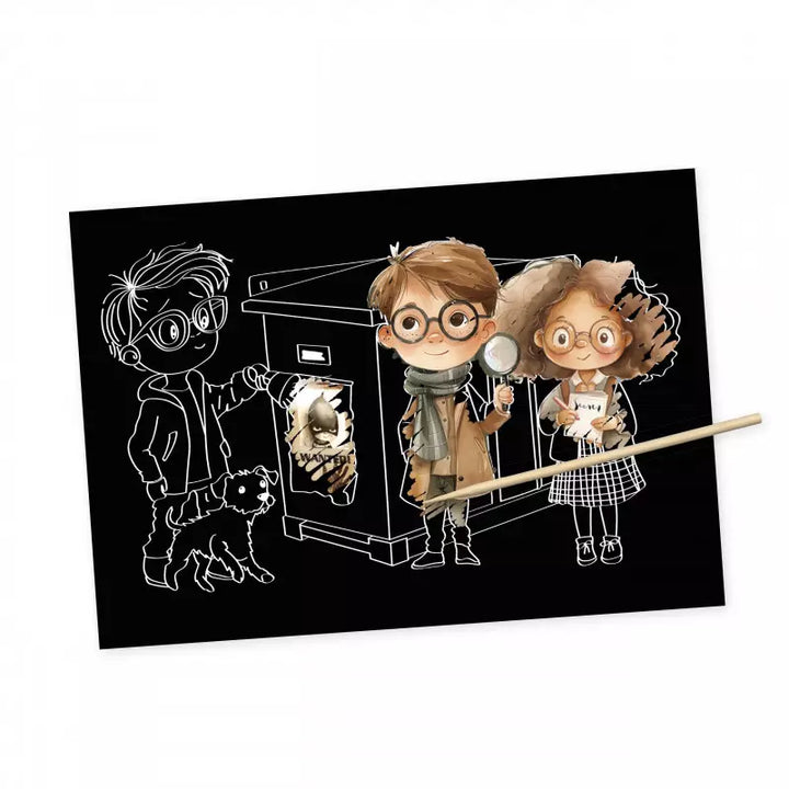 Images à gratter de détective, 4 images avec 1 crayon