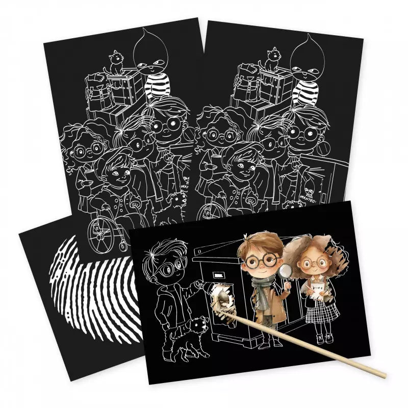 Images à gratter de détective, 4 images avec 1 crayon