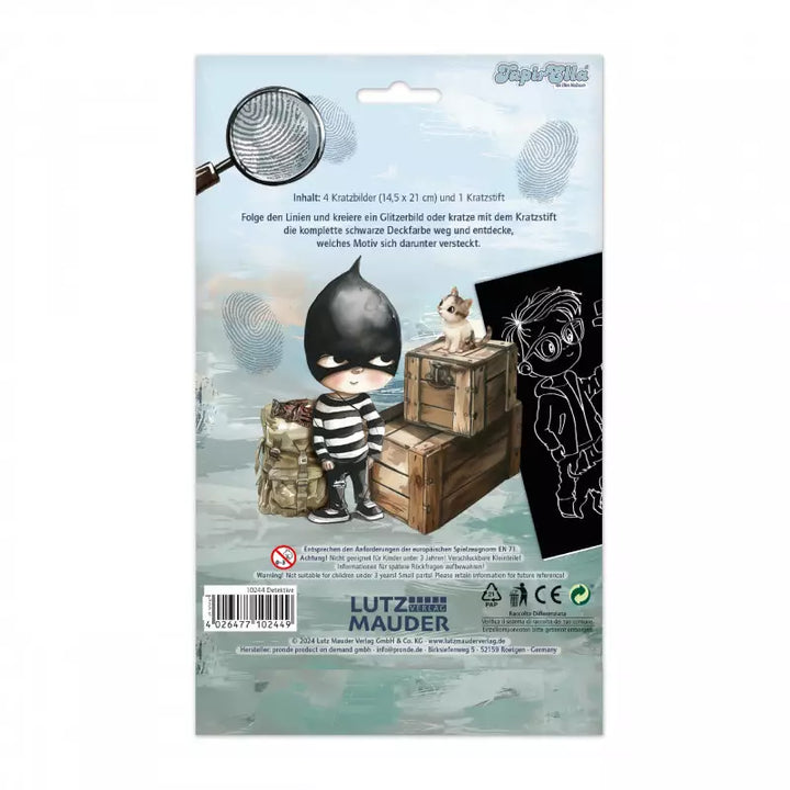 Images à gratter de détective, 4 images avec 1 crayon