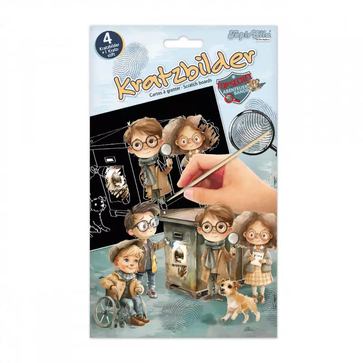 Images à gratter de détective, 4 images avec 1 crayon