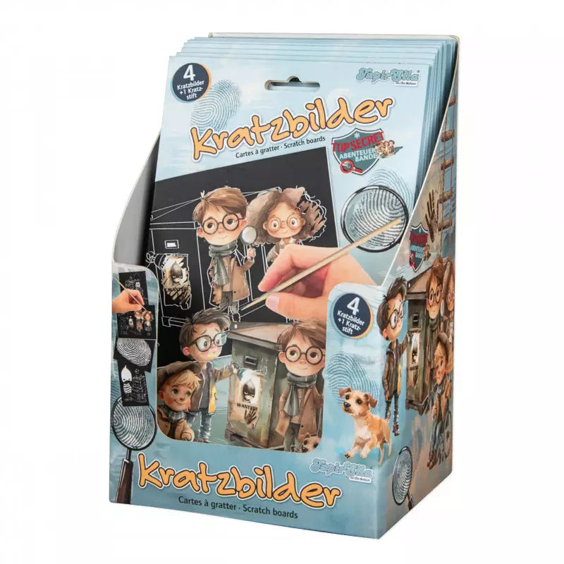 Images à gratter de détective, 4 images avec 1 crayon