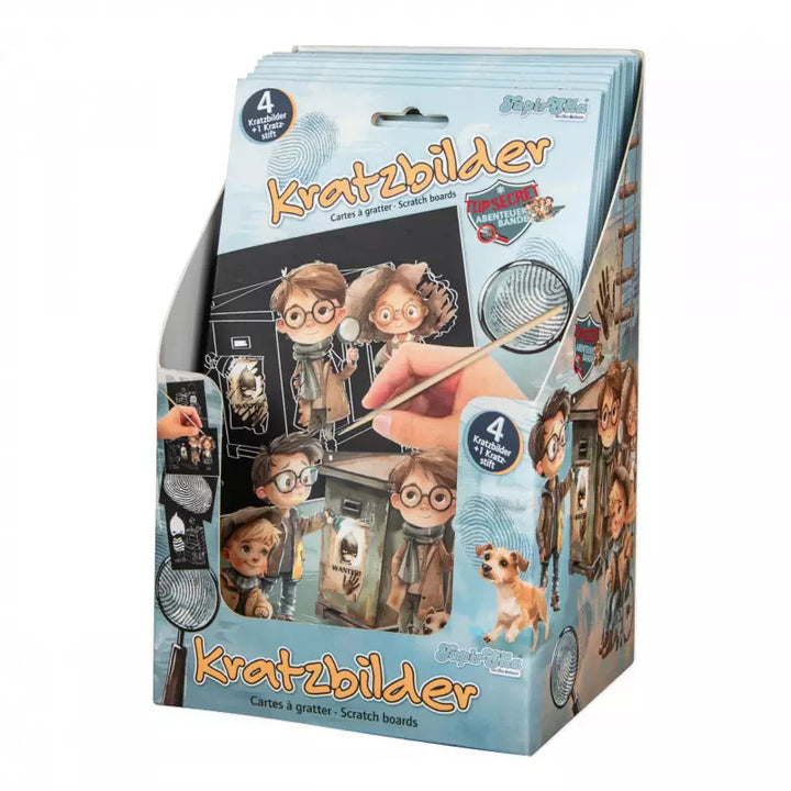 Images à gratter de détective, 4 images avec 1 crayon