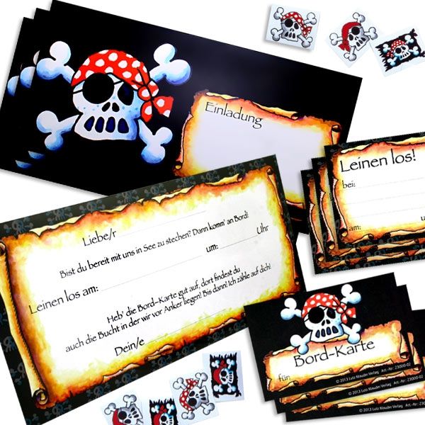Einladung Piraten Totenkopf, Set für 8 Kinder